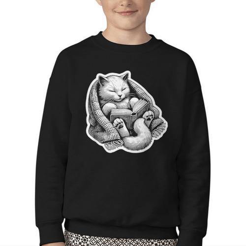 Cat Book Worm Reading Cottagecore Art Youth Crewneck Sweatshirt - Bookorys AU