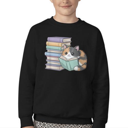 Cat On Books Pets Cats Reading Book Nerd Read Reader Bookcat Youth Crewneck Sweatshirt - Bookorys DE