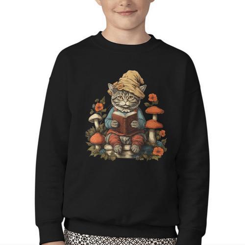 Cat Cottagecore Shirt Mushroom Cute Cat Reading Book Women Youth Crewneck Sweatshirt - Bookorys