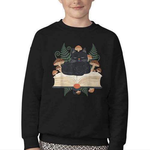 Cat On Open Book Mushrooms Ferns Dark Academia Youth Crewneck Sweatshirt - Bookorys AU