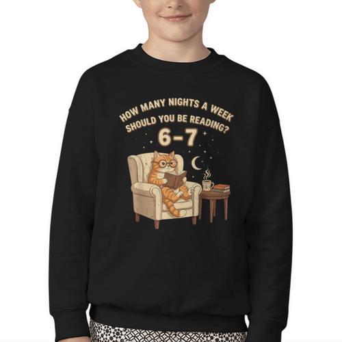 Cat Reading 6-7 Meme English Teacher Book Lover Humor Youth Crewneck Sweatshirt - Bookorys