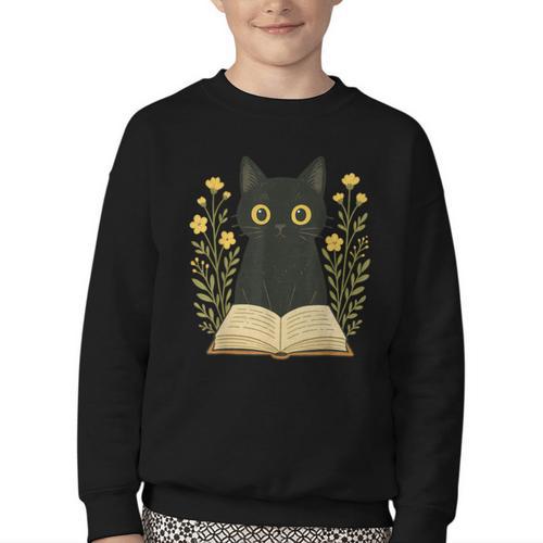 Cat Reading Book Flowers Youth Crewneck Sweatshirt - Bookorys AU