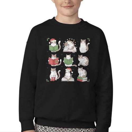 Cat Reading Book Funny Christmas Cat Book Lover Librarian Men Women Kids Youth Crewneck Sweatshirt - Bookorys CA