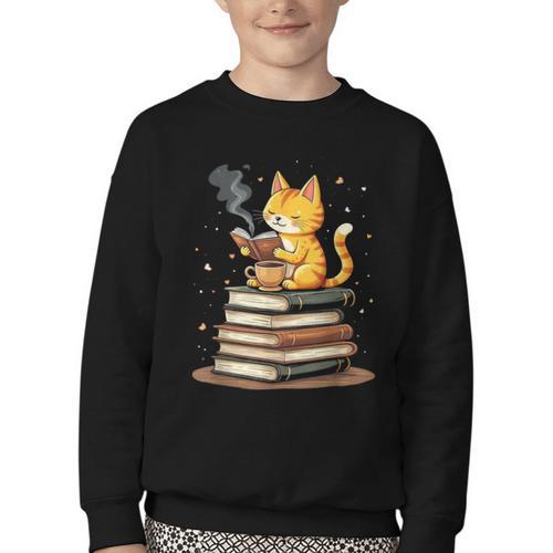 Cat Reading Books Youth Crewneck Sweatshirt - Bookorys AU