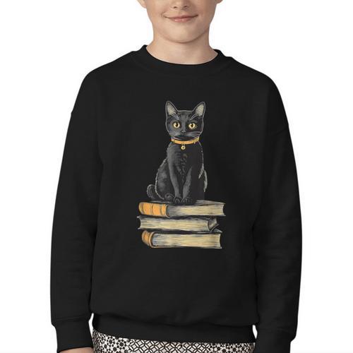 Cat Sitting On Books Youth Crewneck Sweatshirt - Bookorys