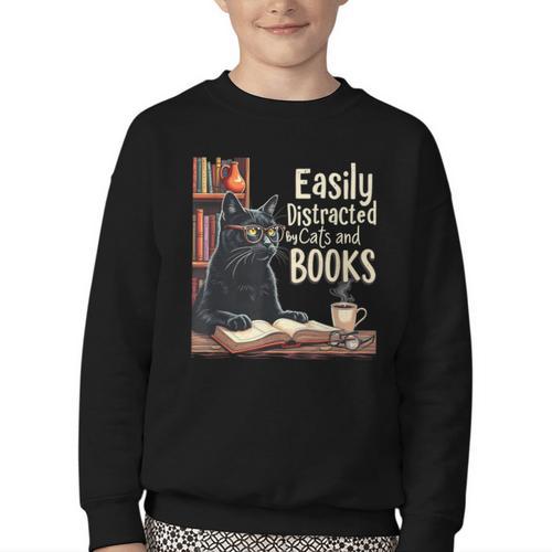 Cats And Books Book & Cat Lover Easily Distracted By Youth Crewneck Sweatshirt - Bookorys DE