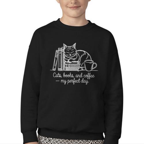 Cats Books And Coffee – My Perfect Day Cat Lover Youth Crewneck Sweatshirt - Bookorys AU