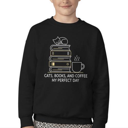 Cats Books And Coffee My Perfect Day Youth Crewneck Sweatshirt - Bookorys