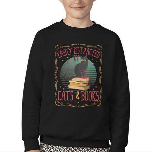 Cats And Books Lover Reading Literary Feline Humor Youth Crewneck Sweatshirt - Bookorys AU