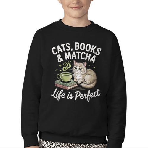 Cats Books And Matcha Life Is Perfect Green Tea Matcha Youth Crewneck Sweatshirt - Bookorys