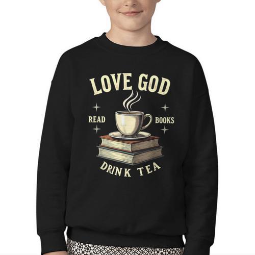 Christian Bookworm Love God Read Books Drink Tea Youth Crewneck Sweatshirt - Bookorys AU