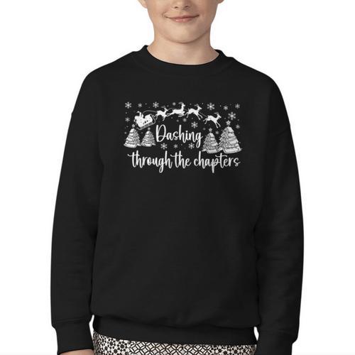 Christmas Book Lover Santa Dashing Through One More Chapter Youth Crewneck Sweatshirt - Bookorys UK