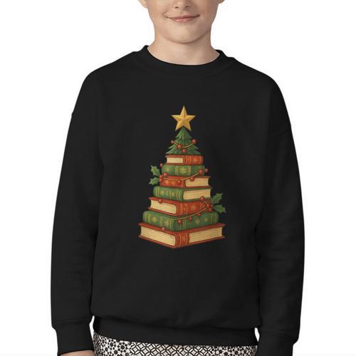 Christmas Book Tree Bookshelf Holiday For Readers Librarians Youth Crewneck Sweatshirt - Bookorys DE