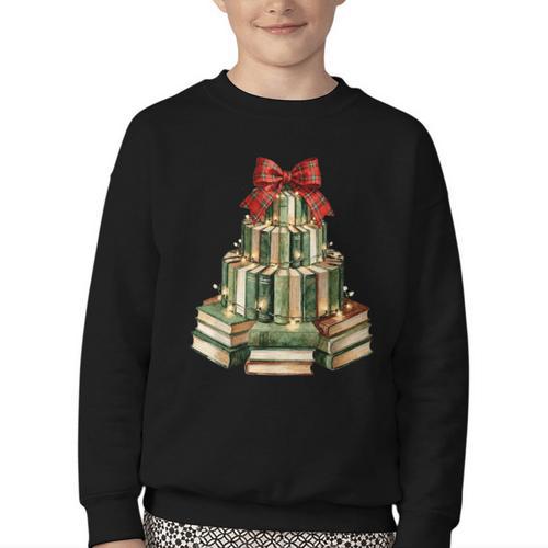 Christmas Book Tree Coquette Bow Xmas Reading Librarian Girl Youth Crewneck Sweatshirt - Bookorys CA