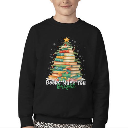 Christmas Books Make You Bright Librarian Teacher Book Lover Youth Crewneck Sweatshirt - Bookorys DE