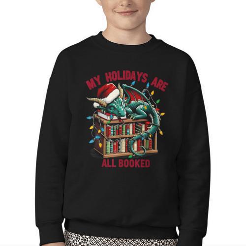 Christmas Dragon My Holidays Are All Booked Book Lovers Kids Youth Crewneck Sweatshirt - Bookorys
