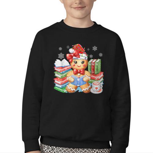 Christmas Gingerbread Man Reading Book Snowflake Teacher Youth Crewneck Sweatshirt - Bookorys