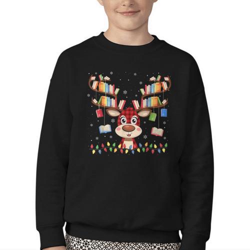 Christmas Librarian Reindeer Matching Book Lover Youth Crewneck Sweatshirt - Bookorys