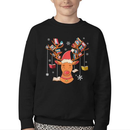 Christmas Librarian Reindeer Xmas Book Teachers Love Reading Youth Crewneck Sweatshirt - Bookorys UK