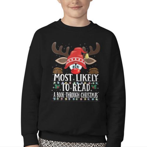 Christmas Matching Most Likely To Read A Book PJS Youth Crewneck Sweatshirt - Bookorys