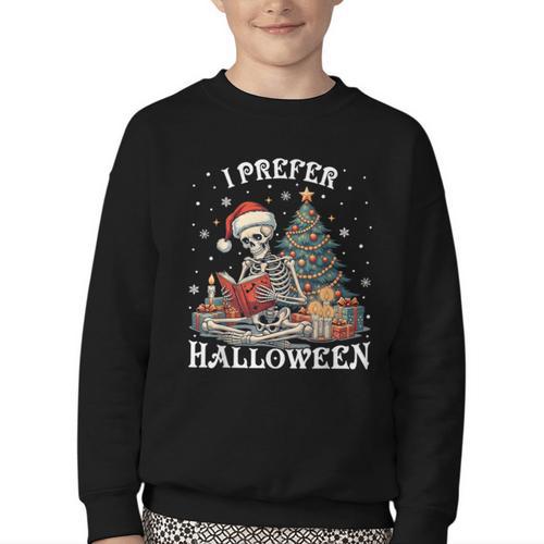 Christmas Outfit I Prefer Halloween Book Reading Skeleton Youth Crewneck Sweatshirt - Bookorys AU