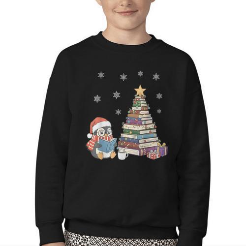 Christmas A Penguin Reading Book Snowflake Cocoa Hot Teacher Youth Crewneck Sweatshirt - Bookorys DE