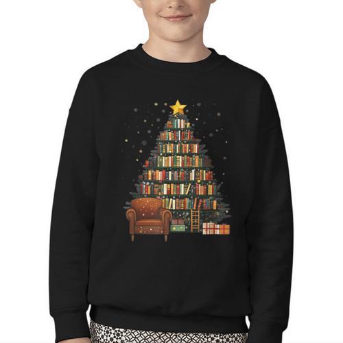 Christmas Tree Bookshelf Book Lover Library Youth Crewneck Sweatshirt - Bookorys DE