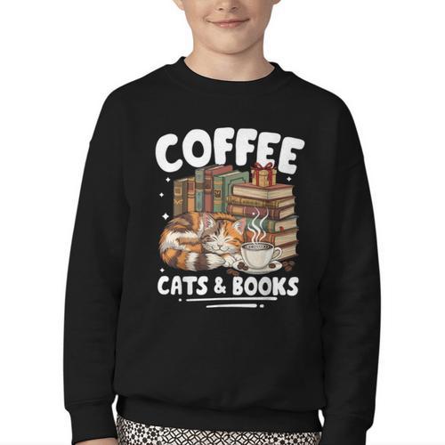 Coffee Cats And Books Cats And Reading Lovers Youth Crewneck Sweatshirt - Bookorys