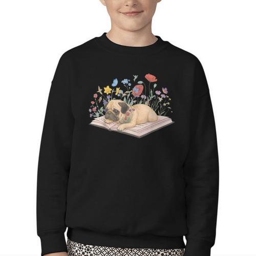 Color Floral Cute Pug Dog On Book Reading Bookworm Reader Youth Crewneck Sweatshirt - Bookorys AU