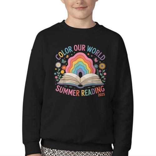 Color Our World Summer Reading 2025 Rainbow Art Book Youth Crewneck Sweatshirt - Bookorys CA