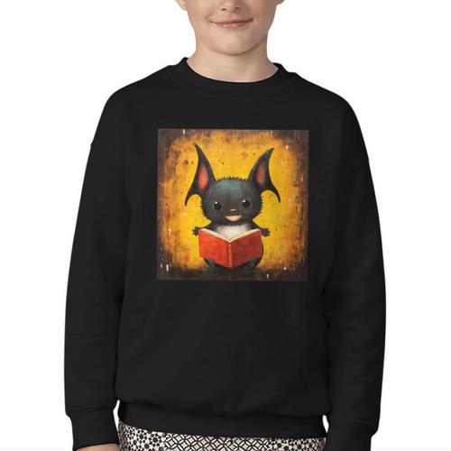 Colorful Sketch Oil Painting Of A Bat Reading Book Youth Crewneck Sweatshirt - Bookorys DE