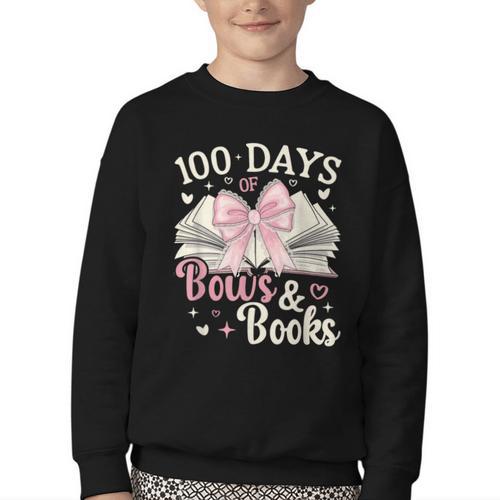 Coquette 100 Days Of Bows Books Reading 100th Day Of School Youth Crewneck Sweatshirt - Bookorys