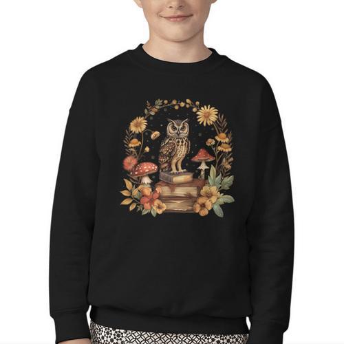 Cottagecore Aesthetic Owl Books Mushroom Witchy Floral Youth Crewneck Sweatshirt - Bookorys AU