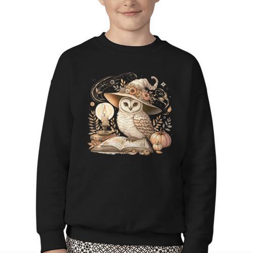 Cottagecore Owl Witch On Book Pumpkin Halloween Youth Crewneck Sweatshirt - Bookorys AU