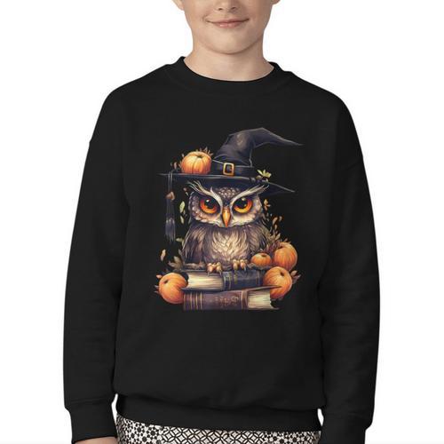 Cottagecore Owl Witch Hat On Book Pumpkin Halloween Costume Youth Crewneck Sweatshirt - Bookorys