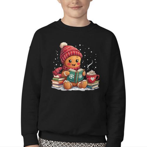 Cozy Gingerbread Christmas Reading Book Xmas Snowflakes Fall Youth Crewneck Sweatshirt - Bookorys DE