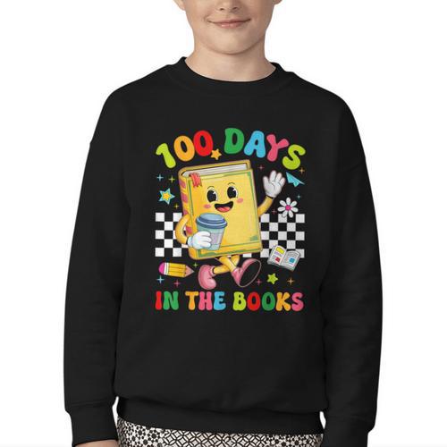 Cute 100 Days In The Books Groovy Boy Girl Teacher Youth Crewneck Sweatshirt - Bookorys