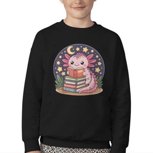 Cute Axolotl Reading Books Cozy Night Aesthetic Youth Crewneck Sweatshirt - Bookorys DE