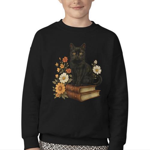 Cute Cat Book Flowers Youth Crewneck Sweatshirt - Bookorys