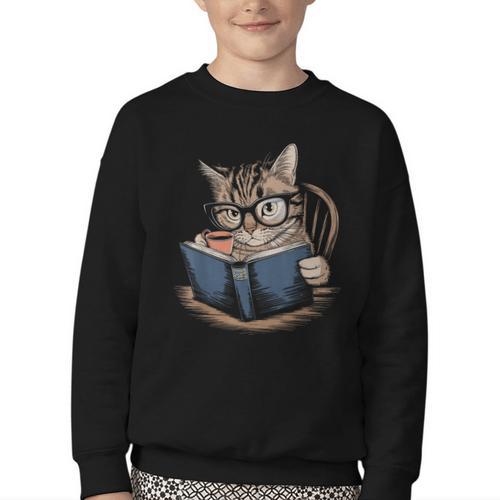 Cute Cat Reading Books With Tea Youth Crewneck Sweatshirt - Bookorys AU