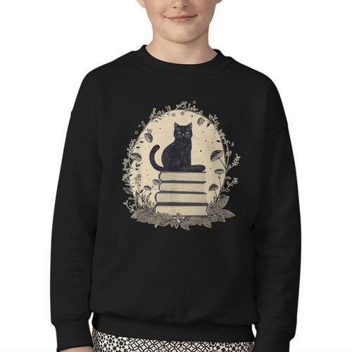 Cute Cat Sitting On Books With Mushrooms Cottage Core Youth Crewneck Sweatshirt - Bookorys
