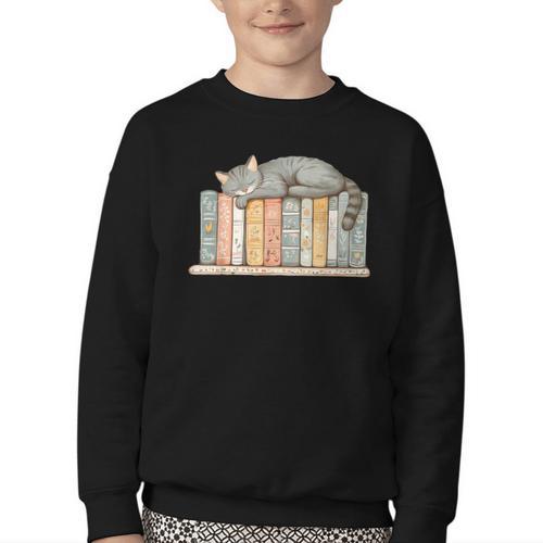 Cute Cat Sleeping On Books Youth Crewneck Sweatshirt - Bookorys