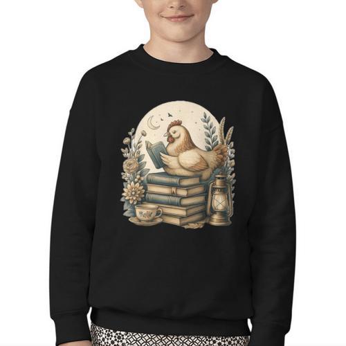 Cute Cottagecore Aesthetic Chicken Reading Book Nerd Youth Crewneck Sweatshirt - Bookorys AU
