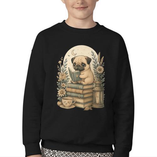 Cute Cottagecore Aesthetic Dog Pug Reading Book Nerd Youth Crewneck Sweatshirt - Bookorys AU