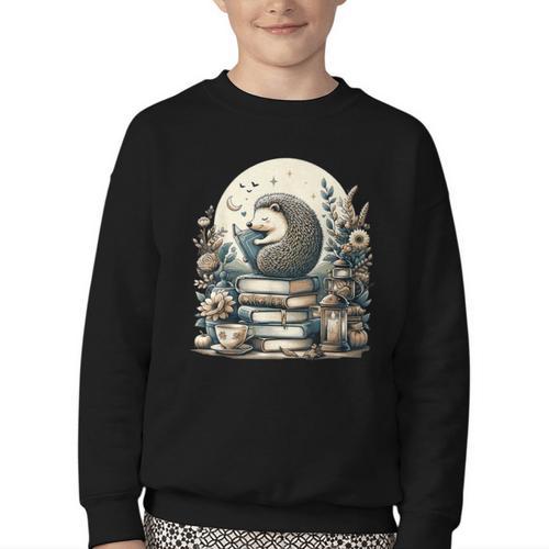 Cute Cottagecore Aesthetic Hedgehog Reading Book Nerd Youth Crewneck Sweatshirt - Bookorys