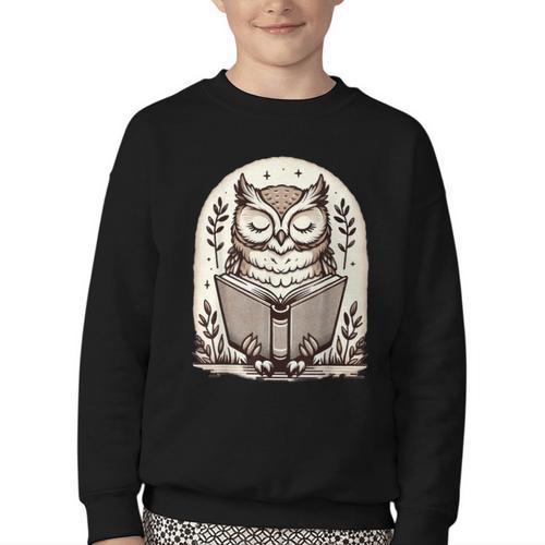 Cute Cottagecore Aesthetic Owl Reading Book Youth Crewneck Sweatshirt - Bookorys CA