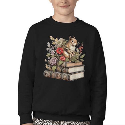 Cute Cottagecore Aesthetic Squirrel With Flowers Books Youth Crewneck Sweatshirt - Bookorys AU