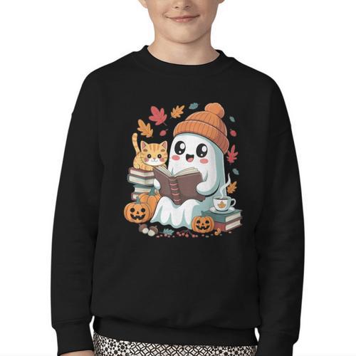 Cute Cozy Ghost Reading With Cat Book Lover Autumn Fall Youth Crewneck Sweatshirt - Bookorys