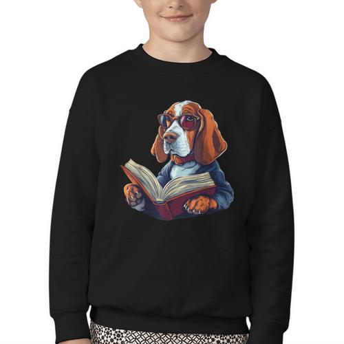 Cute Dog Basset Hound Reading Book Youth Crewneck Sweatshirt - Bookorys UK