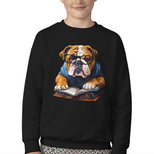 Cute Dog English Bulldog Reading Book Youth Crewneck Sweatshirt - Bookorys DE